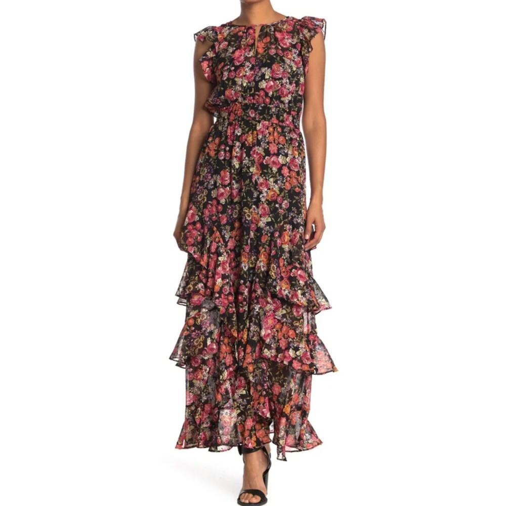 Rachel Roy Women's Issa Chiffon Black Floral Print Tiered Ruffle Maxi Dress 14